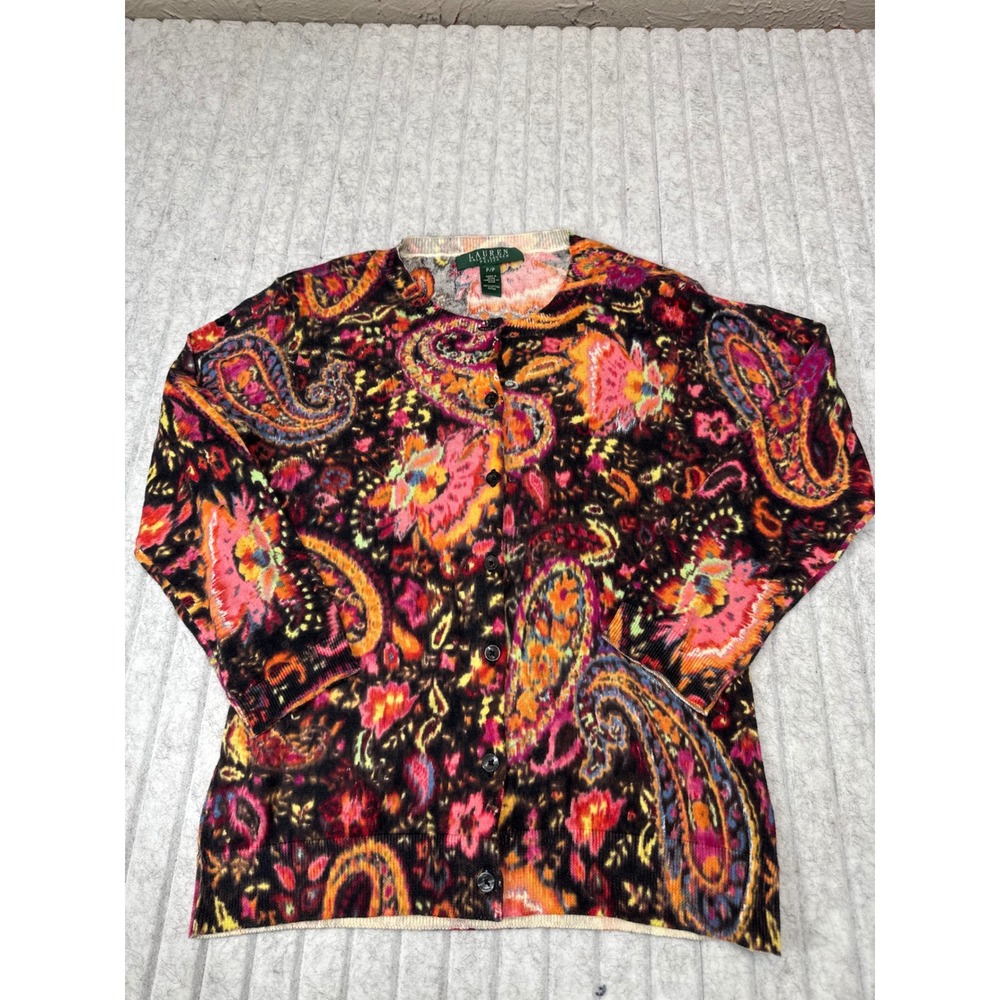 Lauren Ralph Lauren‎ Petite Cardigan Sweater Multicolor Paisley Small Petite